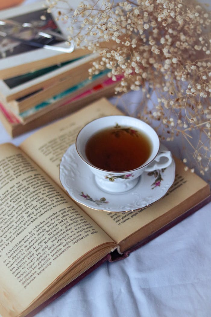 A charming setup of an open book with a teacup and delicate dried flowers, perfect for relaxation.